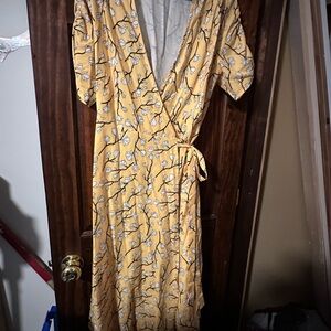 Chic Yellow Floral Wrap Midi Dress Size XL